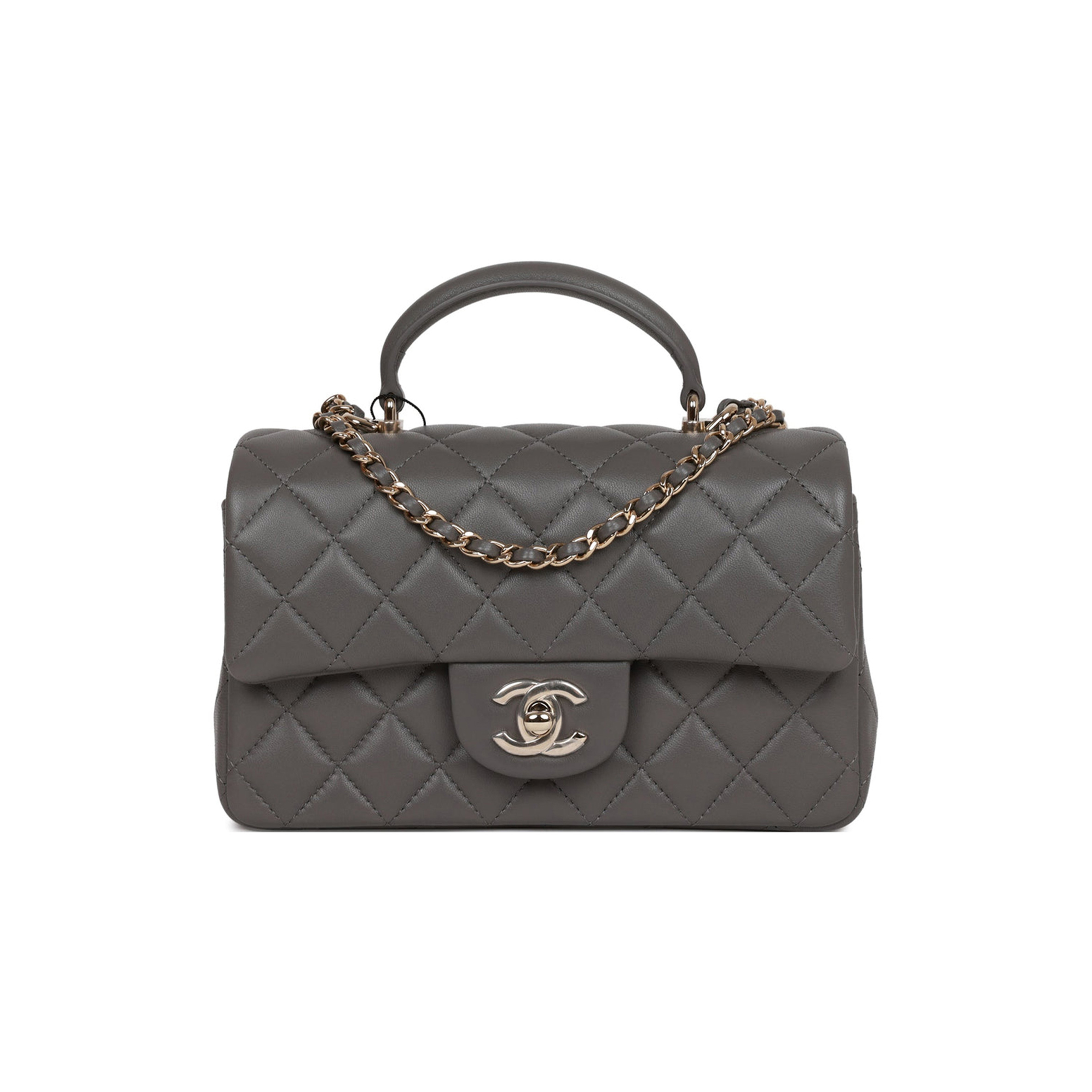 CHANEL MINI RECTANGULAR FLAP BAG WITH TOP HANDLE DARK GREY LAMBSKIN LIGHT GOLD HARDWARE (22*15*8cm)